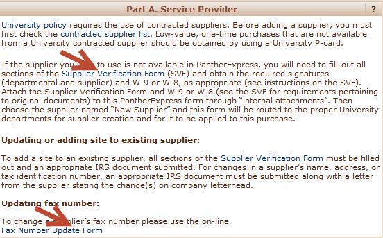 Placing Orders using the Supplier Provided Agreement Form in the PantherExpress System The information on the left side of the form also contains hyperlinks.