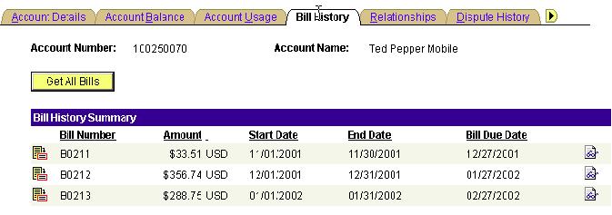 Figure 3: The bill history page and the icon for accessing the image are shown. The account/bill data model within CRM stores a URL to the bill image.
