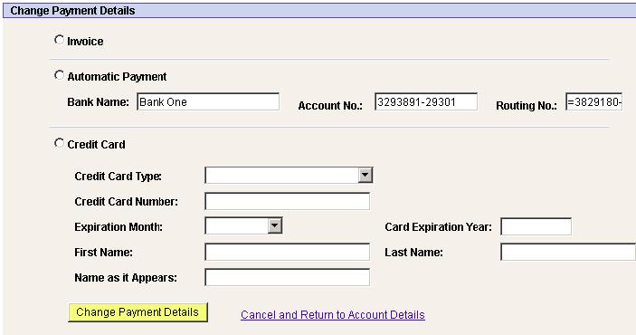 A button is provided to access the following page, which allows the update of payment information. Figure 4: In Change Payment Details much of the account information is displayed as read-only.