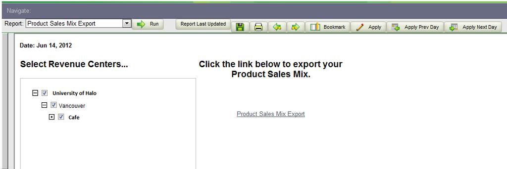 To export your product sales mix 1. From the Reporting Calendar, select a single day for which you want to export your product sales mix. 2.