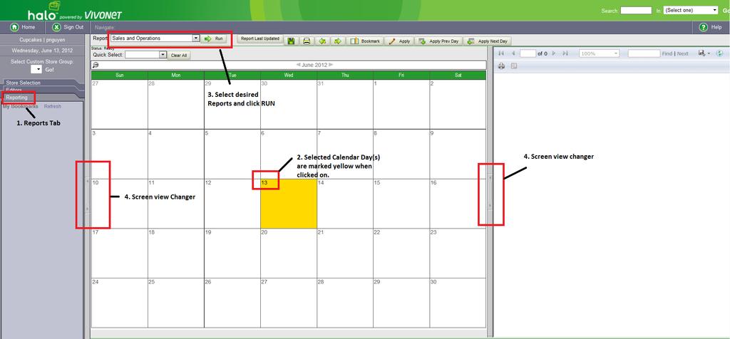 Introduction to the Report Interface To generate reports, the user selects report date(s) from a calendar interface, and then chooses from a list of reports provided.