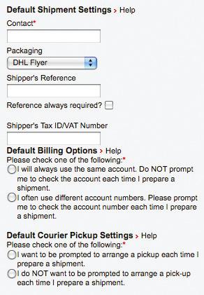 Step 1C: Select your default package, billing, and courier settings.