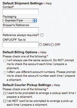 Step 1C: Select your default package, billing, and pickup settings.