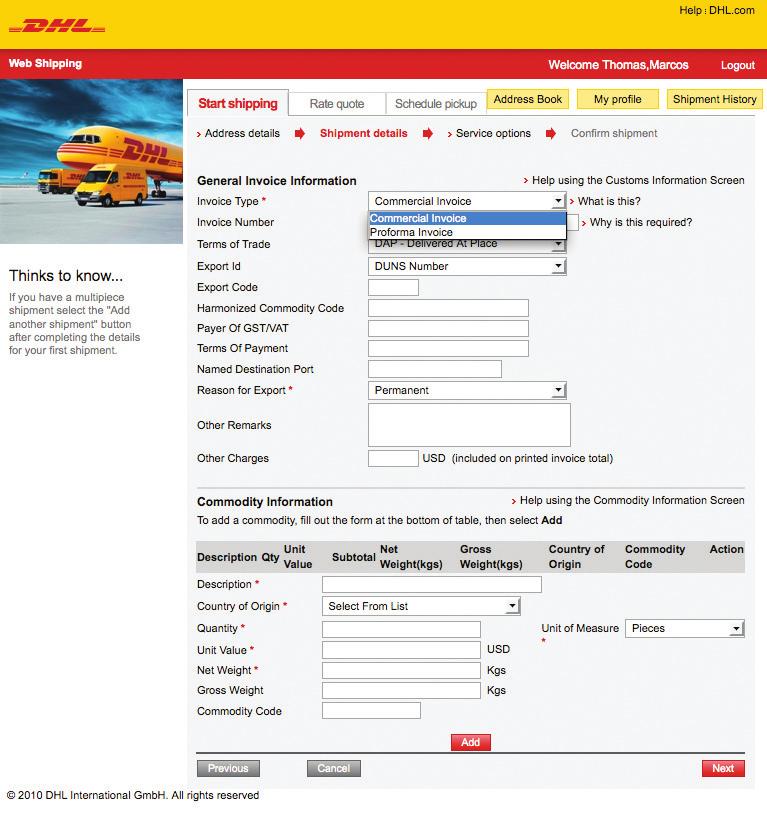 Create an Invoice Step 4A: If you check the box to have DHL Web Shipping create an invoice for