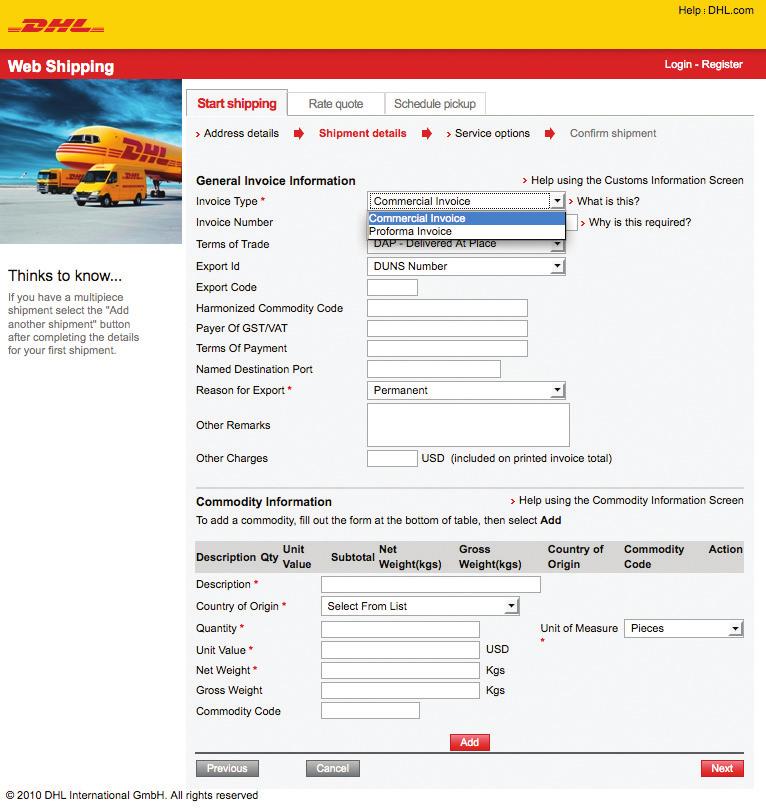 Create an Invoice Step 5A: If you check the box to have DHL Web Shipping create an invoice for
