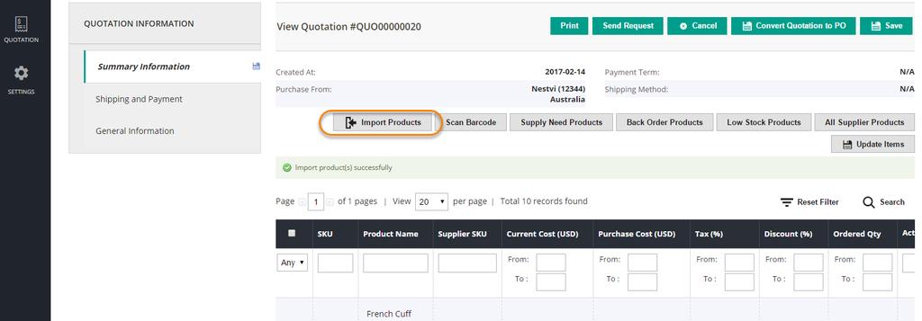 Import Products via a CSV file (a sample file is provided); Scan Barcode to prepare product (if Barcode Management extension is also installed); Prepare product list based on Supply Need Products