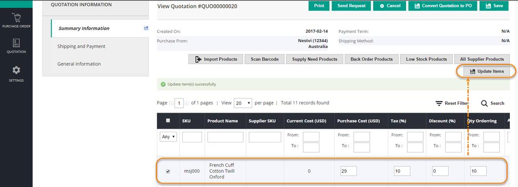 You can manually enter the Purchase Cost, Tax, Discount and Ordered Qty for each product in the grid.