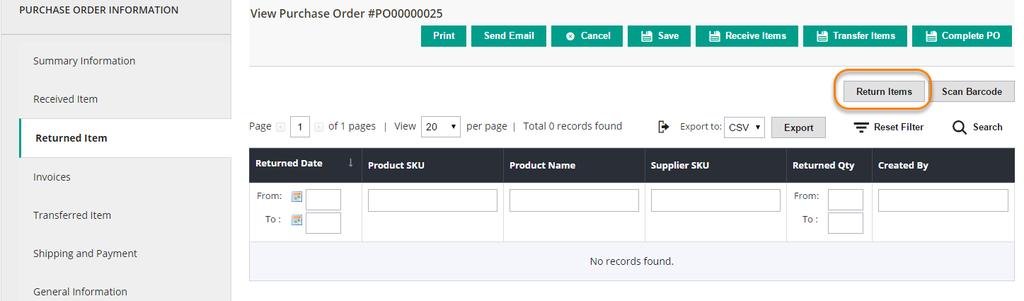 4.1.4.2. Received Item: This tab updates how many of each product in the PO you have received. You can mark all items as received, or manually do that for some products.