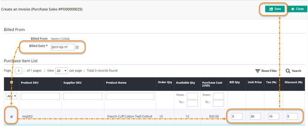1.4.4. Invoices: This tab allows you to create invoice for the PO including payment and refund amount.