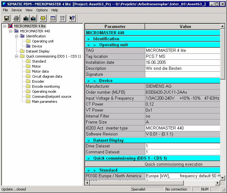 SIMATIC PDM Parameter View / Online -