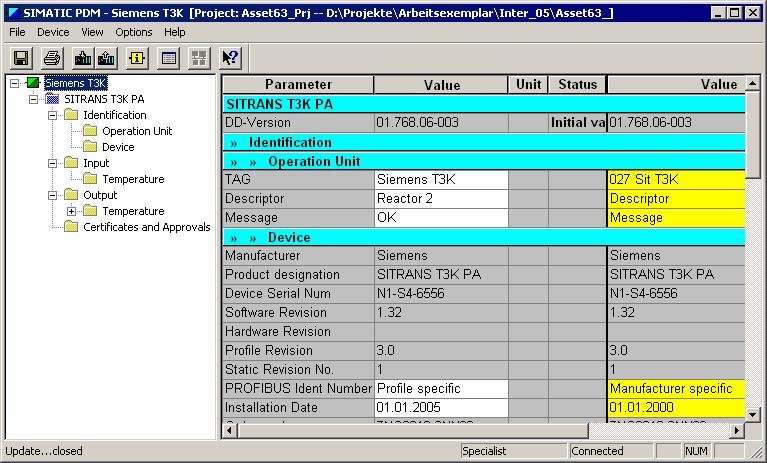 Simatic PDM Value comparison Identification of local changes Difference to Project dates Dates in the Project Dates in the field device