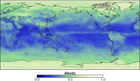 Activity 1D-Earth s Albedo The image below shows Earth s average albedo for March 2005. Note the high albedo over the Northern hemispehre. This is due to snow and ice cover.