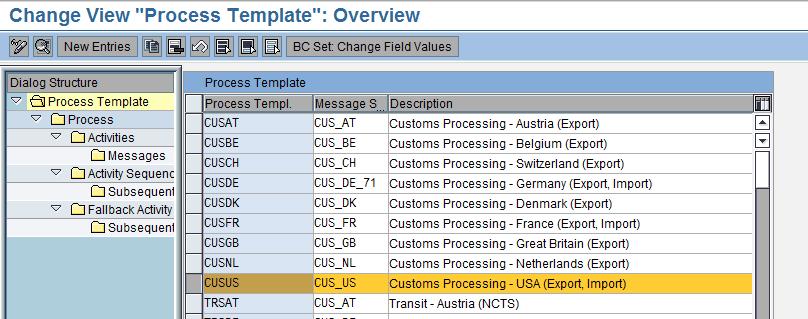 The process template is where electronic messages are attached for entering and sending a Customs Export Declarations.