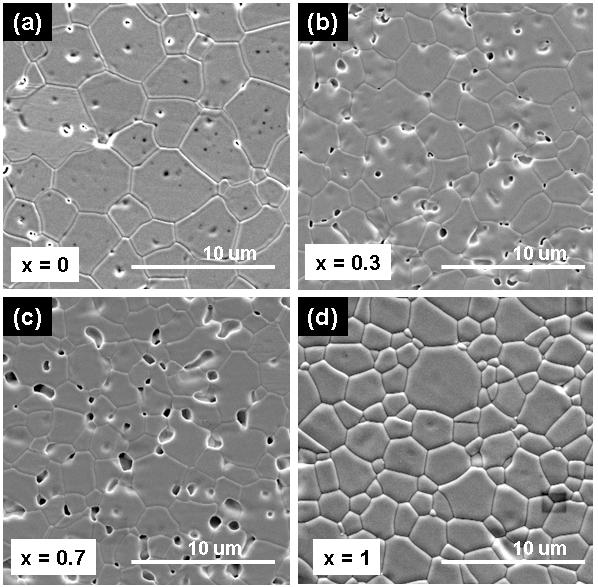 CHAPTER 5 ELECTRICAL PROPERTIES OF ZrO 2 -CeO 2 -Y 2 O 3 SOLID SOLUTIONS Figure 5.3 Scanning electron micrographs of the solid solutions with selected compositions. (a) x = 0; (b) x = 0.3; (c) x = 0.