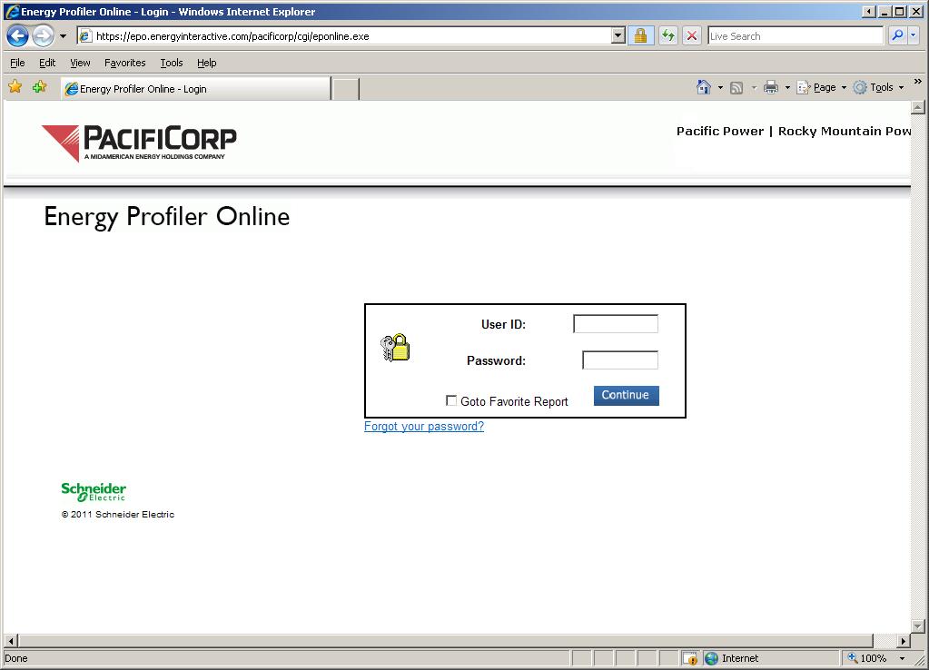 Chapter 1 Signing On to Energy Profiler Online Enter your User ID and Password to