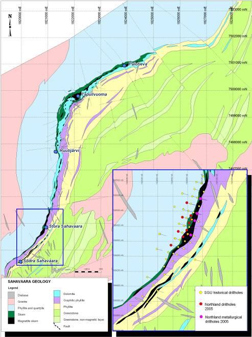 Tapuli IOCG Target 5km North of Stora Sahavaara controlled 100% by Northland Near surface, sub-crops 11m below till Can be traced for 2,200m along strike Thickness ranges from 10m to 200m SGU