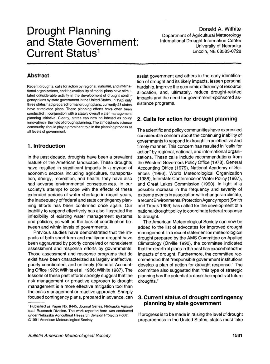Drought Planning and State Government: Current Status 1 Donald A.