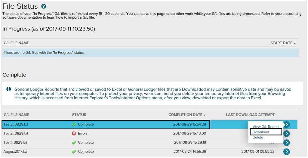 Downloading the Import-Ready G/L File Job Aid Scenario After you generate an error-free G/L file, you download it to your local or network drive for import into your accounting system.