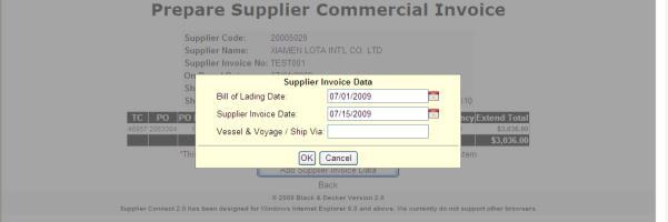 efulfill Shipment Confirmation/Supplier Commercial Invoice 4) Supplier Invoice Data 商业發票资料 New input screen for supplier to enter Actual On Board Date or Supplier Invoice Date and Vessel Name.