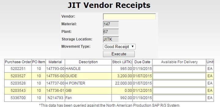 ejit JIT Vendor Receipt The onscreen display will appear as below: Material (A) indicates the materials you are setup as a JIT supplier on Stock (JITK) (B) indicates the quantity of parts you