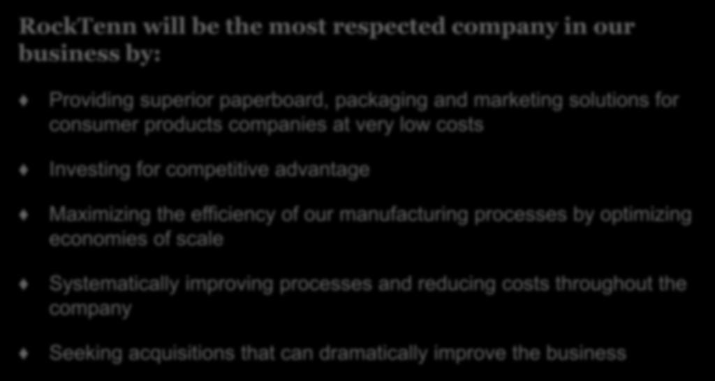 RockTenn s Core Business Principles RockTenn will be the most respected company in our business by: Providing superior paperboard, packaging and marketing solutions for consumer products companies at