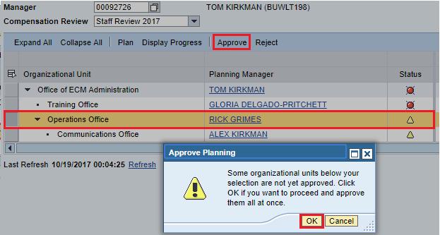 Example of approving (parent and sub units): In the example below Manager Tom Kirkman highlighted the org Operations Office and approved resulting in the parent org (ops) and also the sub org