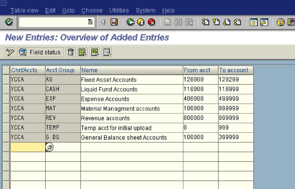 1f you want to create from scratch in SAP you need to click on and update the following fields. Click to save entry. Thus Account groups are created for chart of accounts YCCA in SAP. 5.