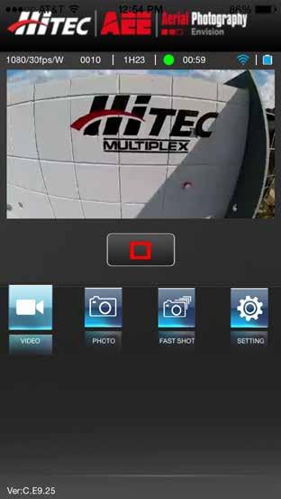using the hitec aee app Video Interface: Touch the preview area to enter the video interface