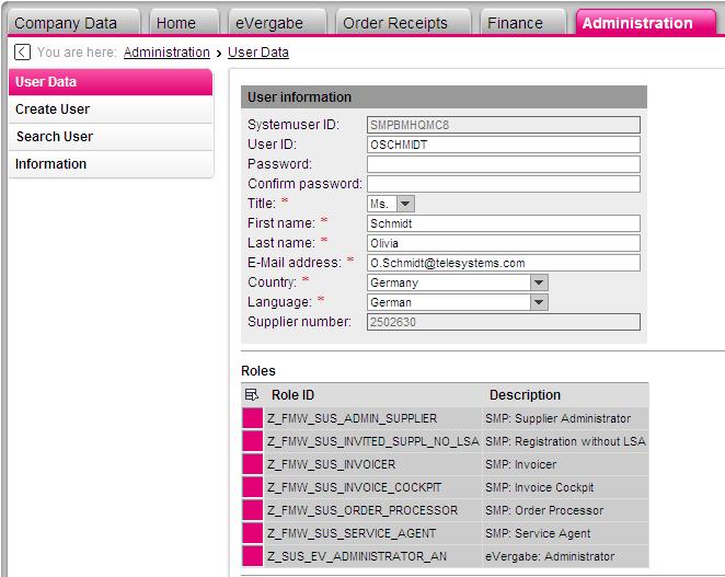 Figure 84: Administration tab. 10.1 User data Every user of the Supplier Management Portal can view and update his/her user-specific data under User Data.
