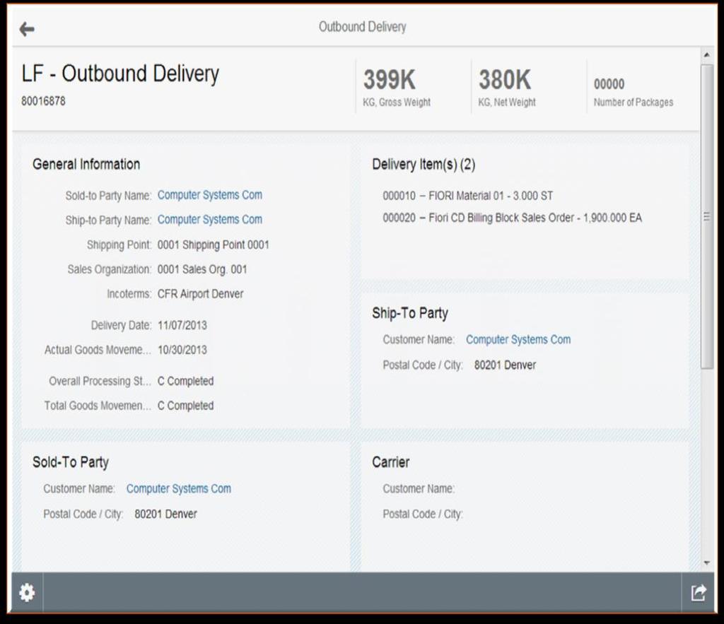 SAP S/4HANA, on-premise edition 1511 Update on FPS1 UX and SAP Fiori update: Example of Fiori Apps for the Shipping Specialist Outbound Deliveries Pick Outbound Delivery Create Outbound Deliveries
