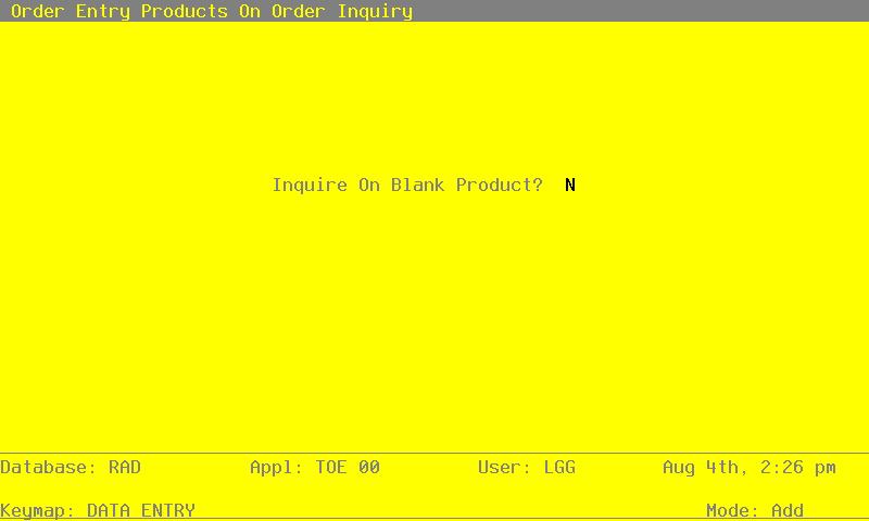 5 Reports and Inquiry Option 9 - Products on Order Inquiry This inquiry shows all sales orders for a selected product in a selected warehouse.