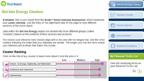Figure 13: Sample Score Report from the KCIA Notice that the three clusters Science, Technology, Engineering, and Mathematics; Architecture and Construction; and Manufacturing are displayed in the