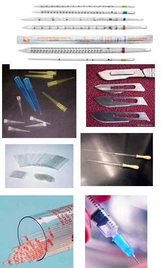 scalpels, razors, pipette tips, serological pipettes, plastic transfer pipettes, blood vials, slides, cover slips and other broken or unbroken glass or plasticware.
