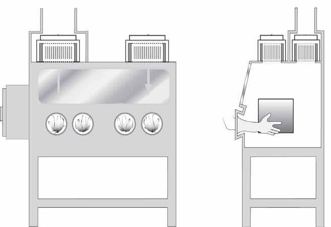 Class III A PPENDIX B B IOSAFETY C ABINET A IR F LOW The Class III BSC Glove Box (A) glove ports with O ring for attaching armlength; (B) sash; (C) exhaust HEPA filter; (D) supply HEPA filter; (E)