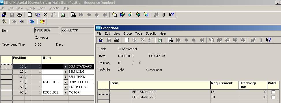 standard item s BOM line, which are copied to the customized BOM: Copy item settings The item settings, defined in the general item data, which are related to unit effectivity, are copied from the