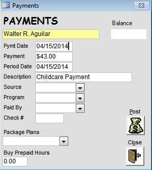 Sign In & Prepay: record the arrive and pickup times and open the payment screen with the Owed amount prefilled.