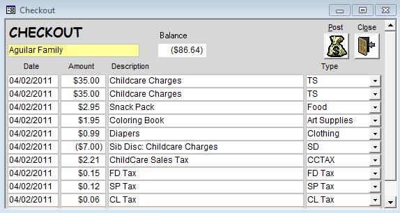 Checkout and Add Taxes to the Bill If you charge taxes for childcare and/or incidentals (food, supplies, etc), click Add Taxes to apply and see the taxes.