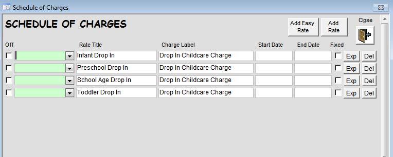 You can setup different rates for different ages, classes, etc, in the Schedule of Charges, and then simply select the appropriate rate for new children as you enter them into the program.