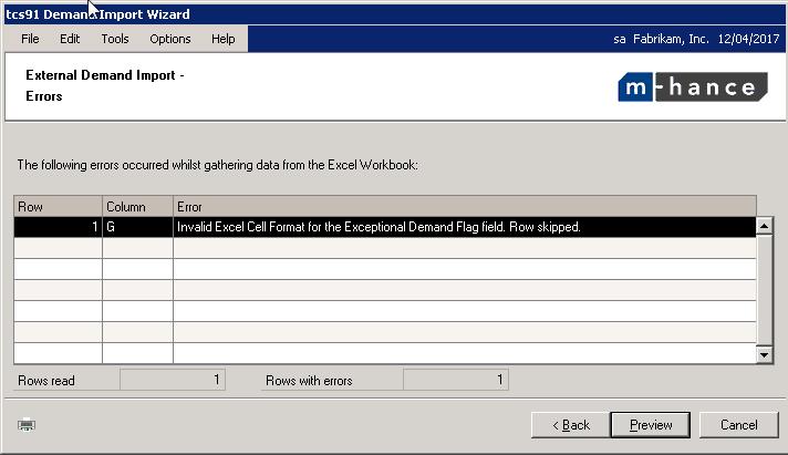 18.4 Demand Import Wizard Errors Screen. If any lines from the spreadsheet have errors then this screen will appear.