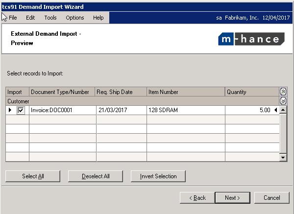 18.5 Demand Import Wizard Preview Screen. This screen allows selection of valid item demand transactions to be imported.
