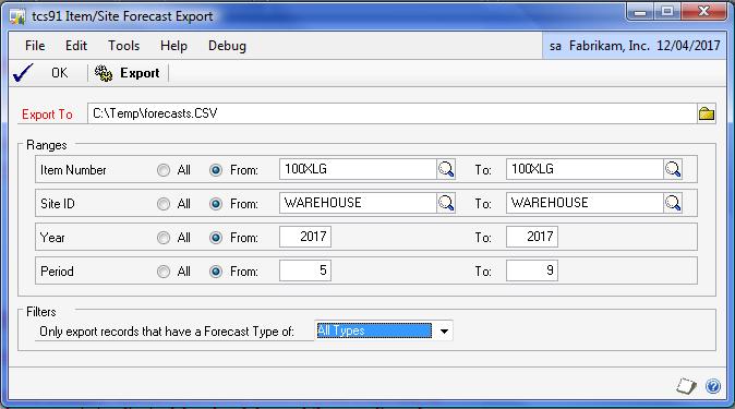 The Forecast Maintenance window 22. Forecast Export window Tools >> Routines >> m-hance >> Inventory Replenishment >> Forecast Export Use the window to: Export forecasts to a CSV formatted file. 22.1 Exporting Forecasts 1.