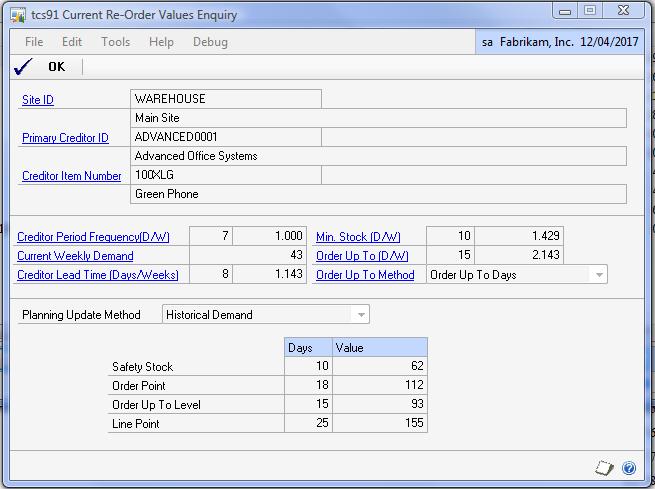 27.2 Current Re-order Values window This window shows the current reorder values for an item.