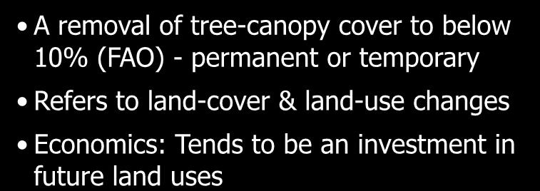 1. DEFORESTATION: A removal of tree-canopy cover to below 10% (FAO) - permanent or temporary
