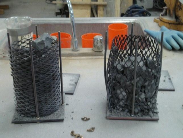Figure 46 depicts a testing oven and a cylinder cage damaged during heating of concrete cylinder specimens.