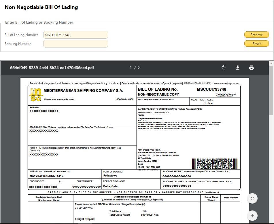 DOCUMENTS NON NEG BILL OF LADING A copy of the Non Negotiable B/L will be available for download or