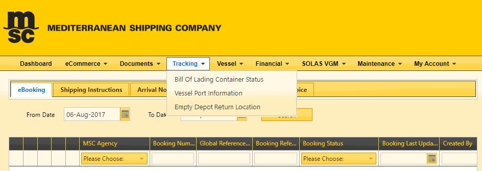 TRACKING mymsc enables you 24/7 access to tracking information. Bill of Lading Container Status Track and trace shipments.
