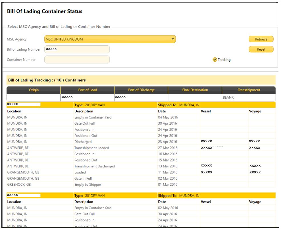 TRACKING BILL OF LADING CONTAINER STATUS To track a shipment you can search by Bill of Lading