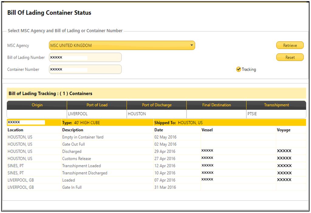 TRACKING BILL OF LADING CONTAINER STATUS You can also search for single container status