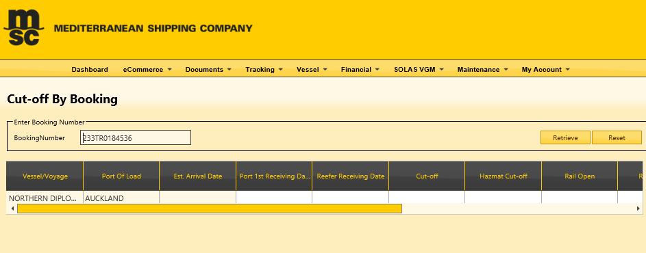 VESSEL CUTOFF BY BOOKING To search for cut-off date, enter booking