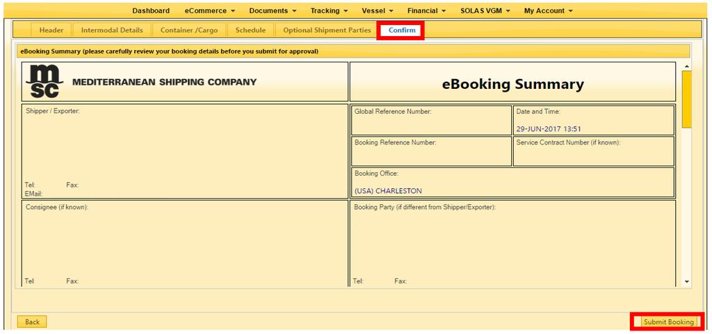 EBOOKING CONFIRM Entered details can be cross checked using ebooking summary, if any change is required click on the Back button.